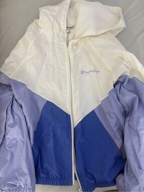 Champion Colorblock Hooded Windbreaker in White, Lavender & Blue